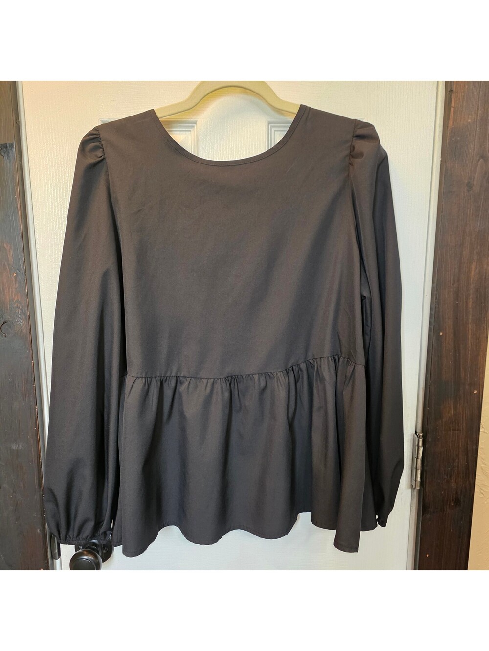 SHEIN Women's Black Long Sleeve Peplum Blouse with Back Tie Detail, Size Large